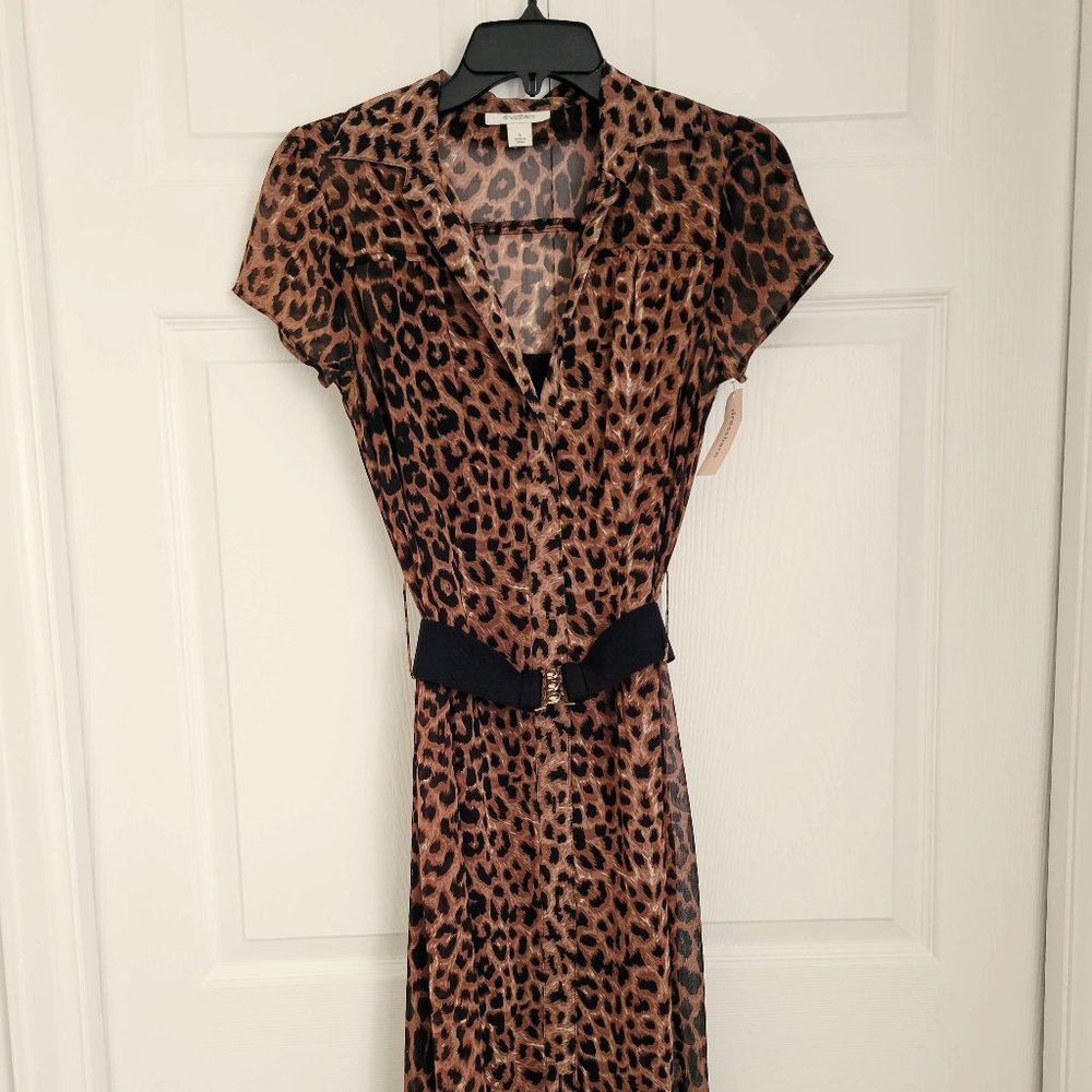 2 Pc - Sheer Leopard Print Belted Dress with Black Spaghetti-Strap Sheath,  Sz 6